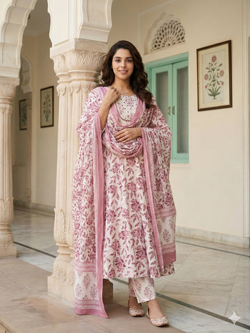 Jaitpuriya Maroon And White Pure Cotton Anarkali Regular Kurta Set