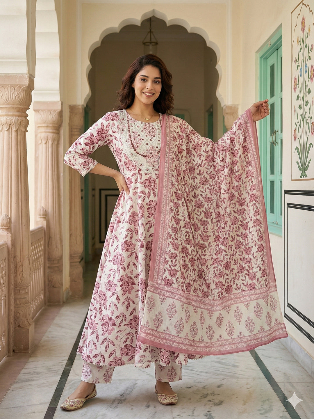 Jaitpuriya Maroon And White Pure Cotton Anarkali Regular Kurta Set