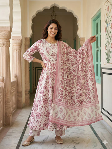 Jaitpuriya Maroon And White Pure Cotton Anarkali Regular Kurta Set