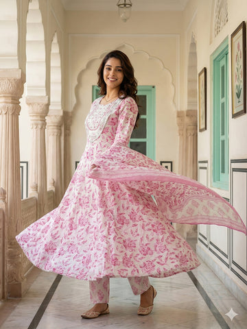 Jaitpuriya Pink And White Pure Cotton Anarkali Regular Kurta Set