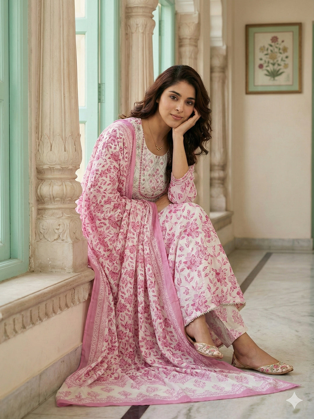 Jaitpuriya Pink And White Pure Cotton Anarkali Regular Kurta Set