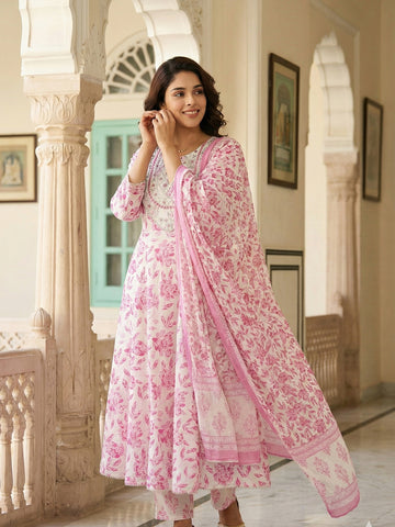 Jaitpuriya Pink And White Pure Cotton Anarkali Regular Kurta Set