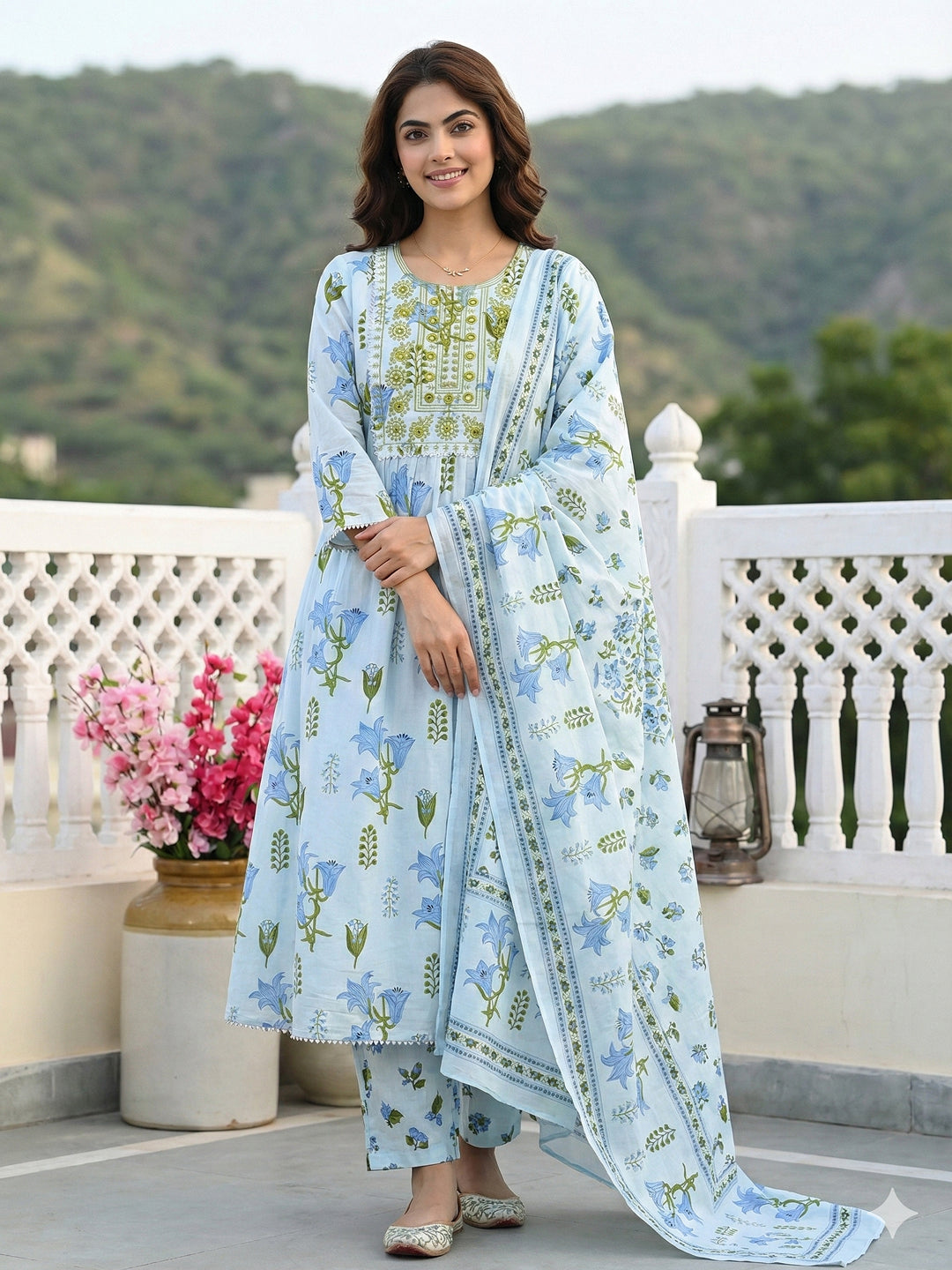 Jaitpuriya Sky Blue And White Pure Cotton Anarkali Pleated Kurta Set