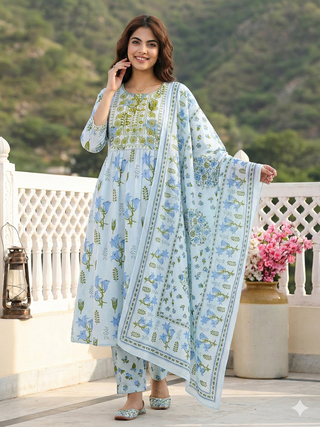 Jaitpuriya Sky Blue And White Pure Cotton Anarkali Pleated Kurta Set