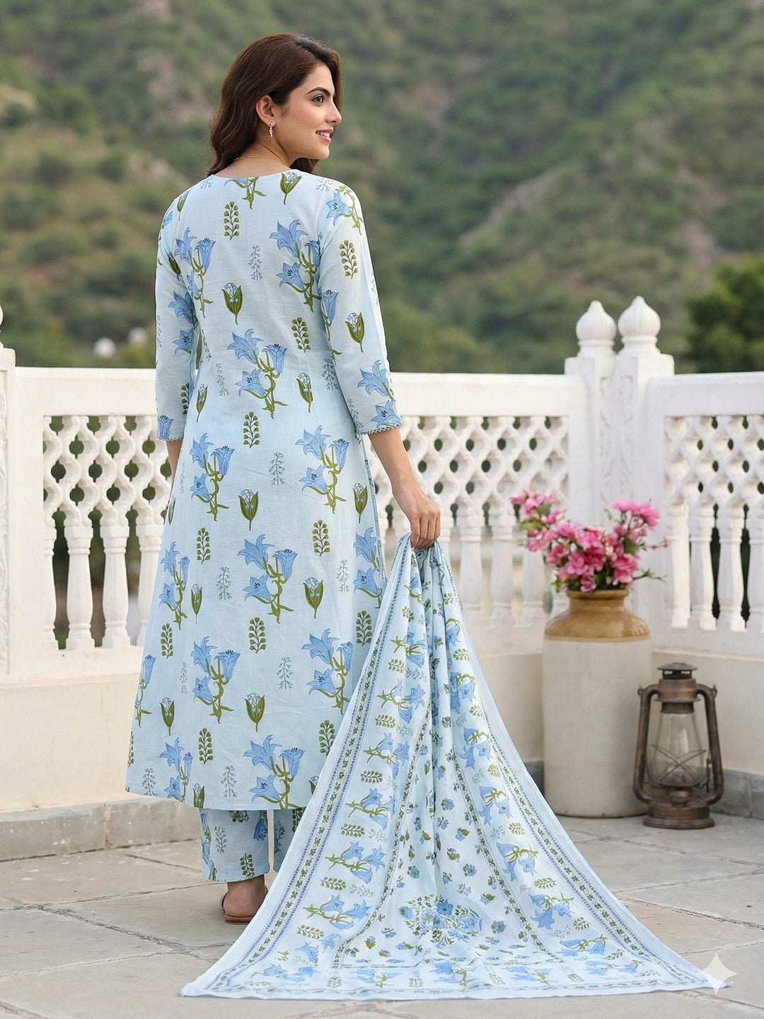 Jaitpuriya Sky Blue And White Pure Cotton Anarkali Pleated Kurta Set
