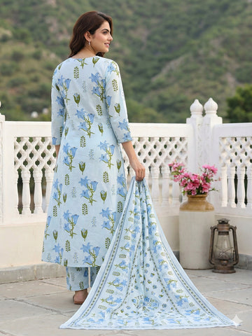 Jaitpuriya Sky Blue And White Pure Cotton Anarkali Pleated Kurta Set
