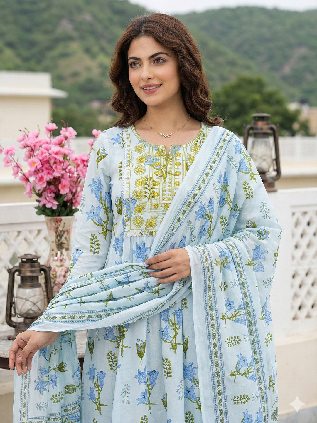 Jaitpuriya Sky Blue And White Pure Cotton Anarkali Pleated Kurta Set
