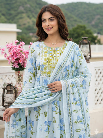 Jaitpuriya Sky Blue And White Pure Cotton Anarkali Pleated Kurta Set