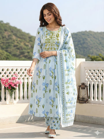Jaitpuriya Sky Blue And White Pure Cotton Anarkali Pleated Kurta Set