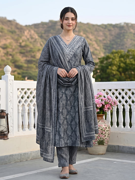 Jaitpuriya Grey Pure Cotton A-line Regular Kurta Set