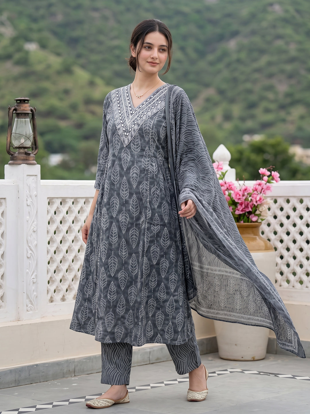 Jaitpuriya Grey Pure Cotton A-line Regular Kurta Set