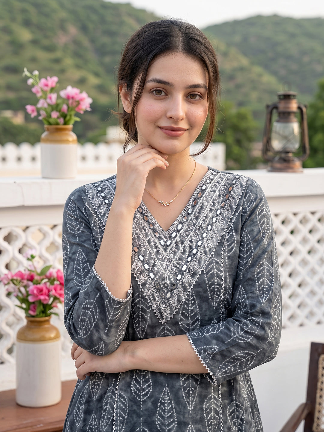 Jaitpuriya Grey Pure Cotton A-line Regular Kurta Set