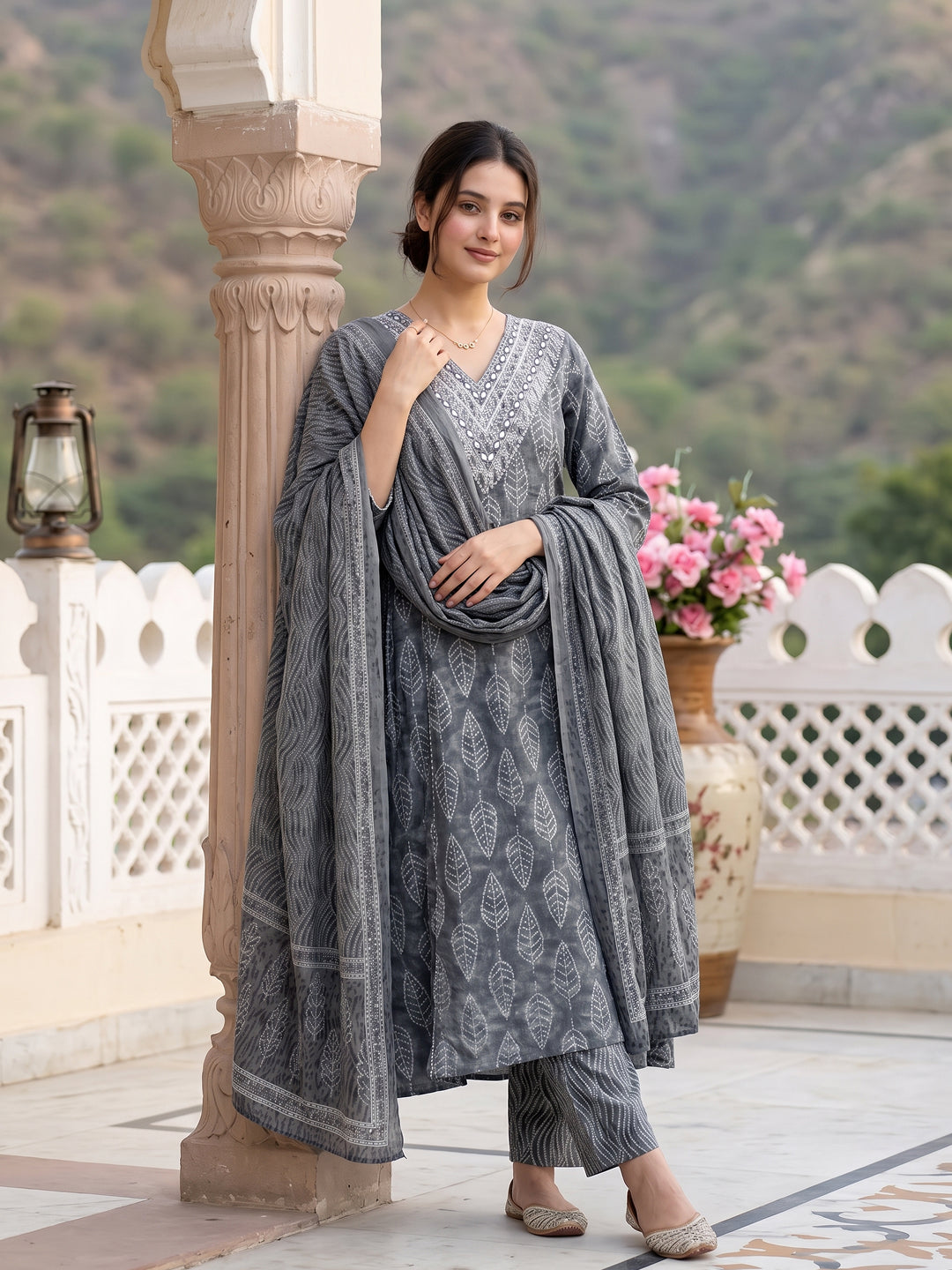 Jaitpuriya Grey Pure Cotton A-line Regular Kurta Set