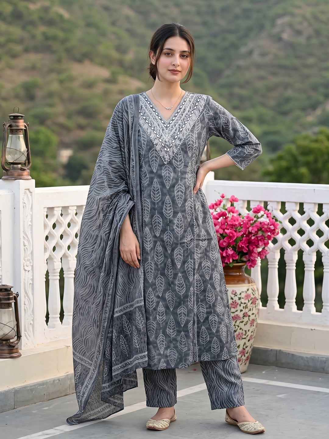 Jaitpuriya Grey Pure Cotton A-line Regular Kurta Set