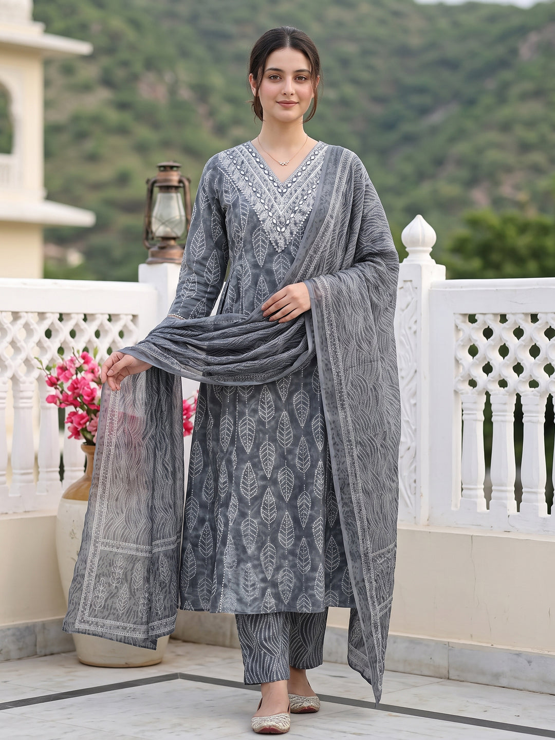 Jaitpuriya Grey Pure Cotton A-line Regular Kurta Set