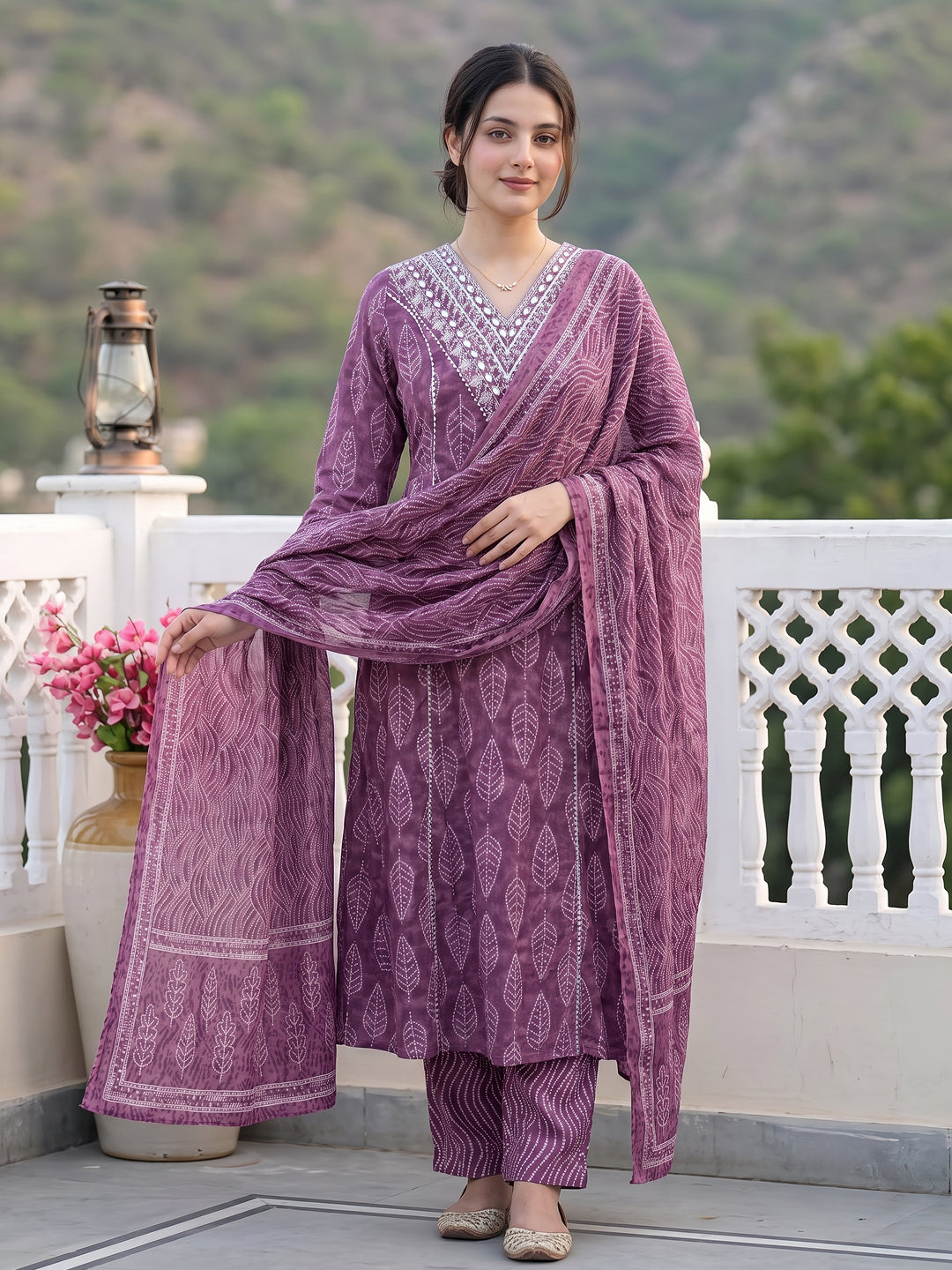 Jaitpuriya Mauve Pure Cotton A-line Regular Kurta Set