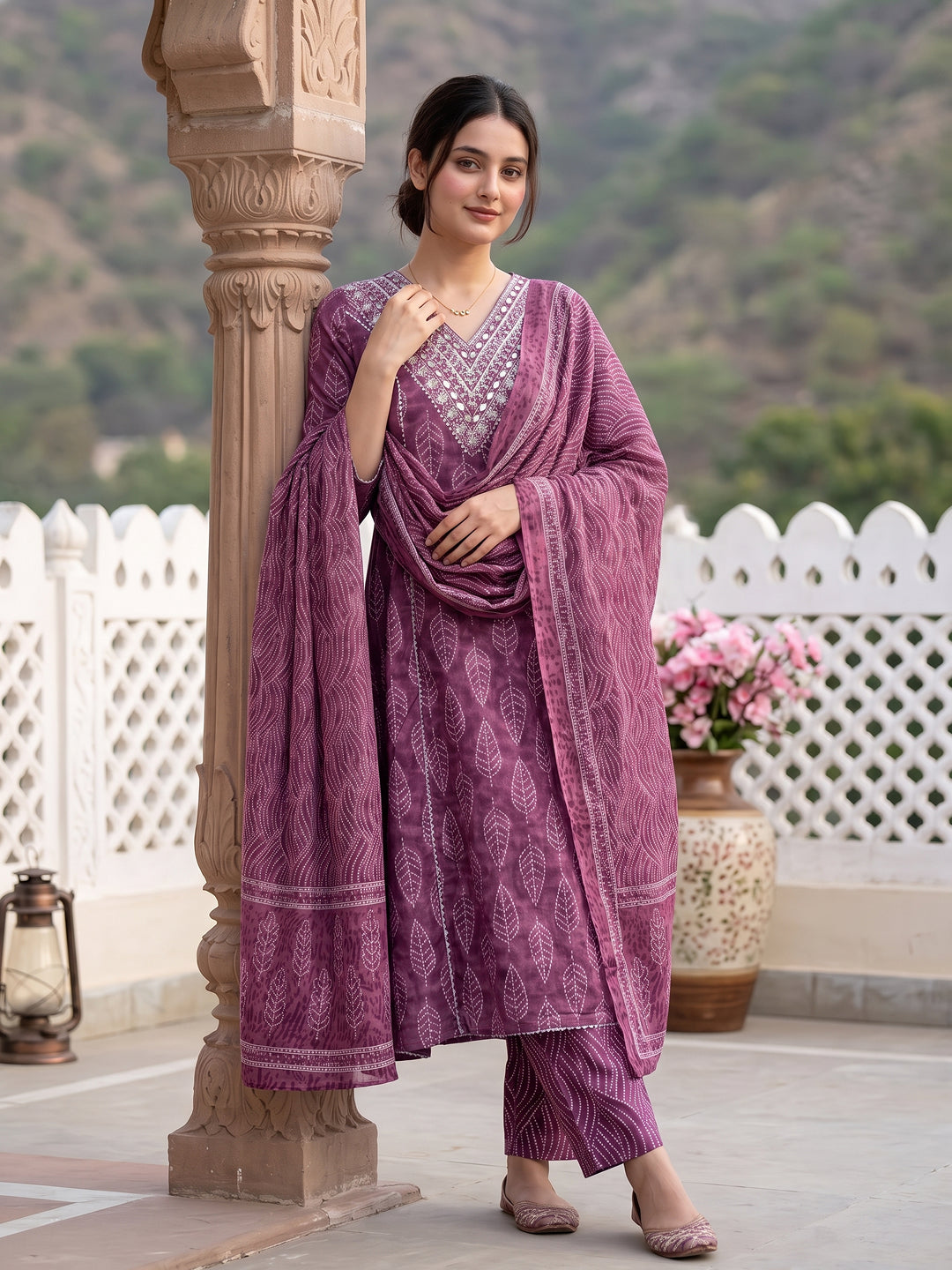 Jaitpuriya Mauve Pure Cotton A-line Regular Kurta Set