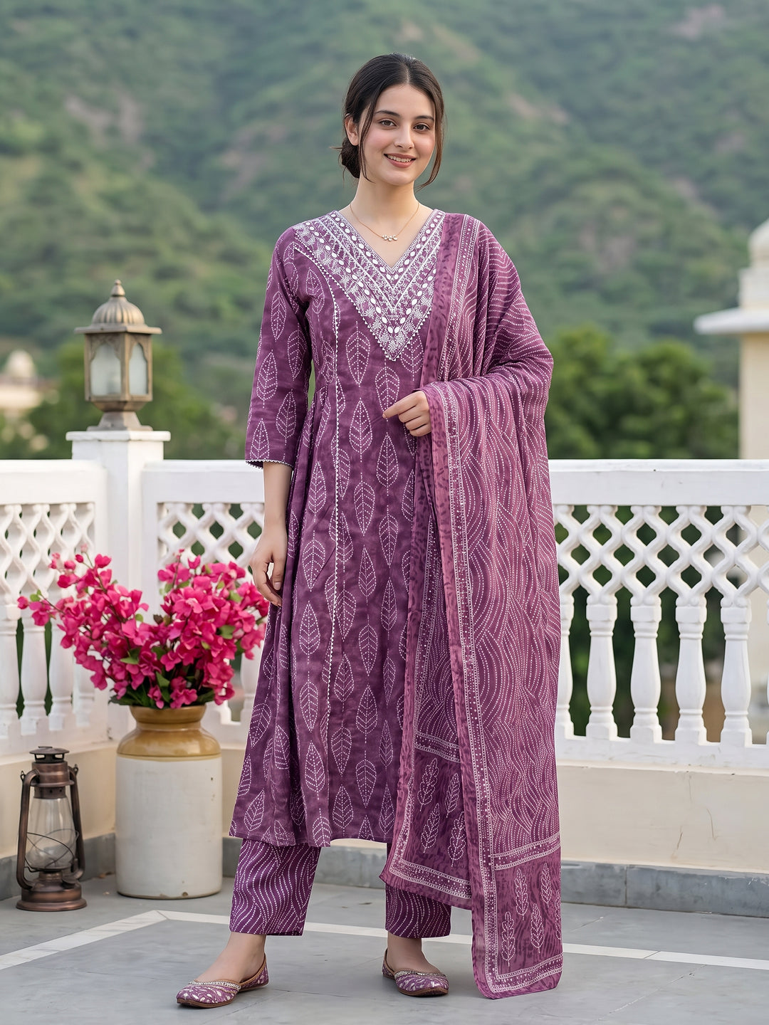 Jaitpuriya Mauve Pure Cotton A-line Regular Kurta Set