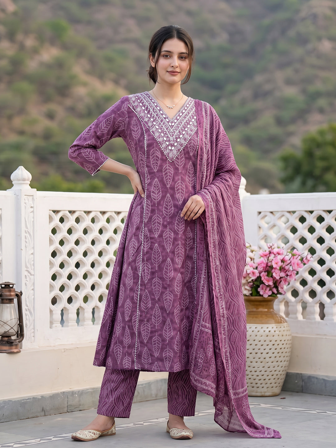 Jaitpuriya Mauve Pure Cotton A-line Regular Kurta Set