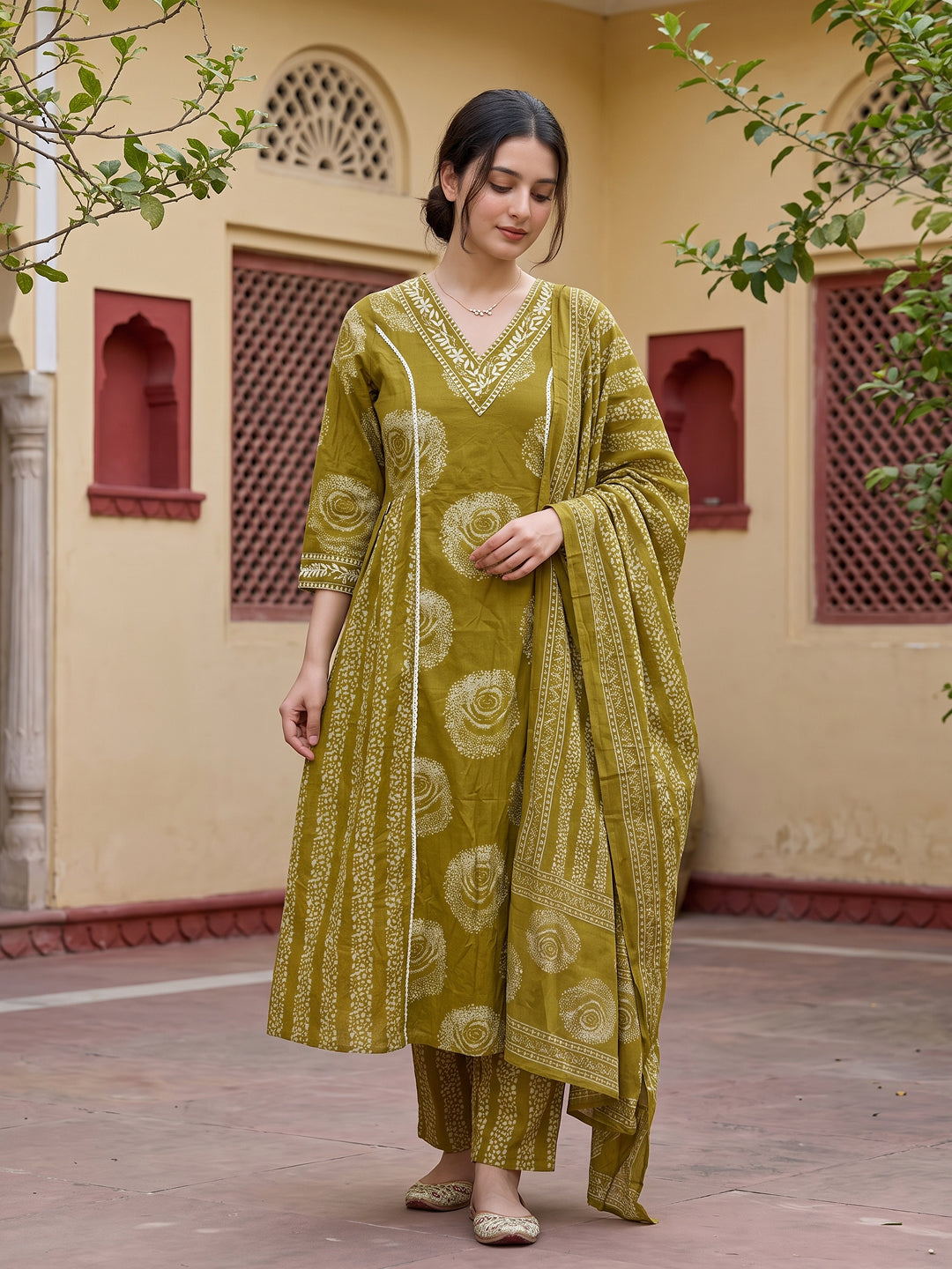 Olive Green Pure Cotton A-line PRIENCESS CUT Kurta Set