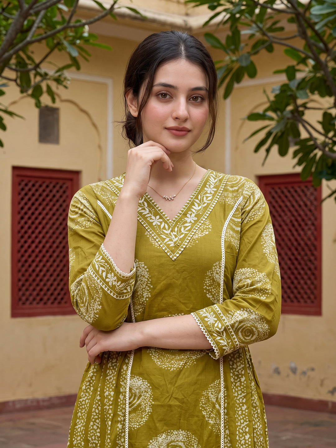 Olive Green Pure Cotton A-line PRIENCESS CUT Kurta Set