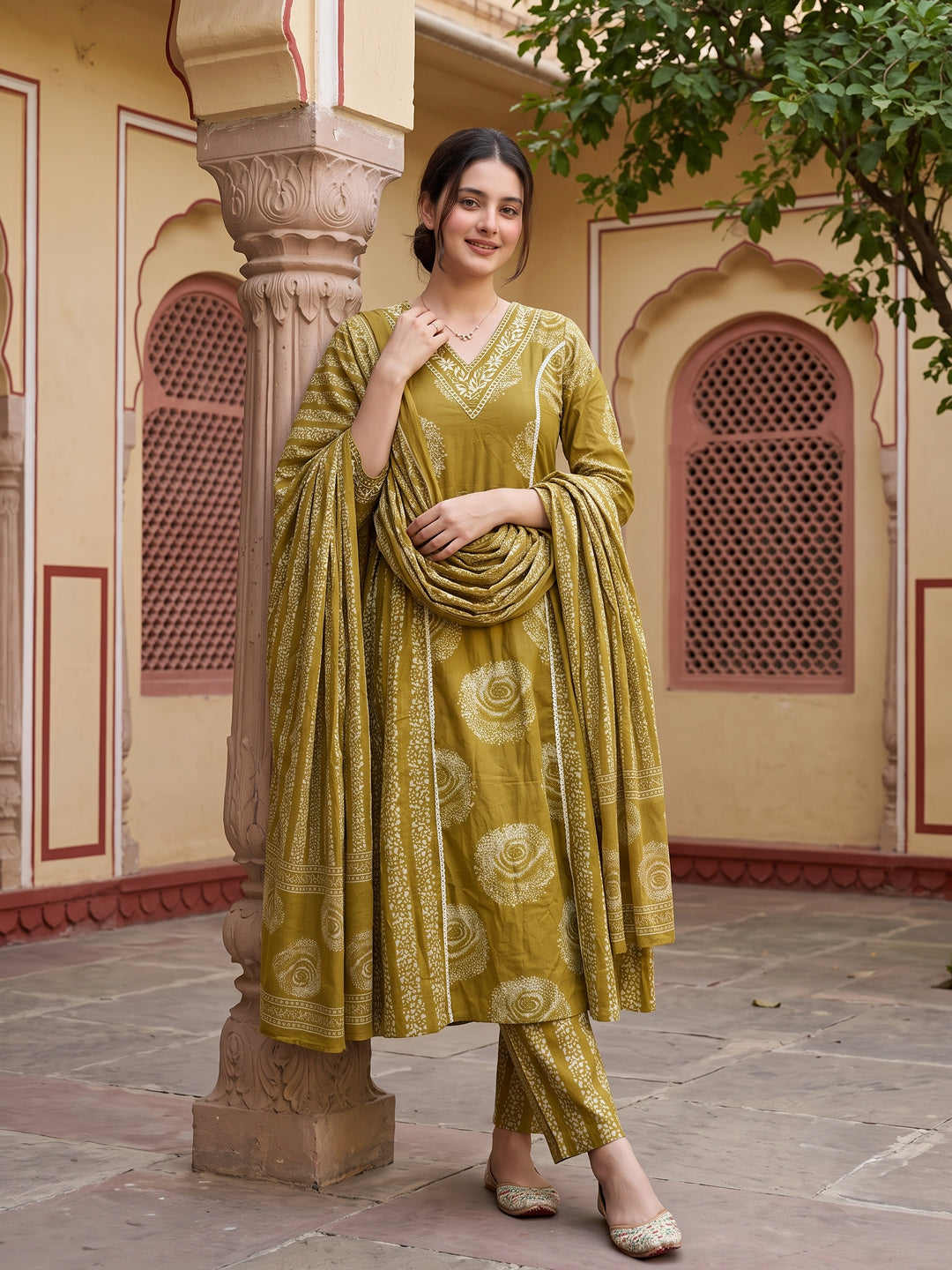 Olive Green Pure Cotton A-line PRIENCESS CUT Kurta Set