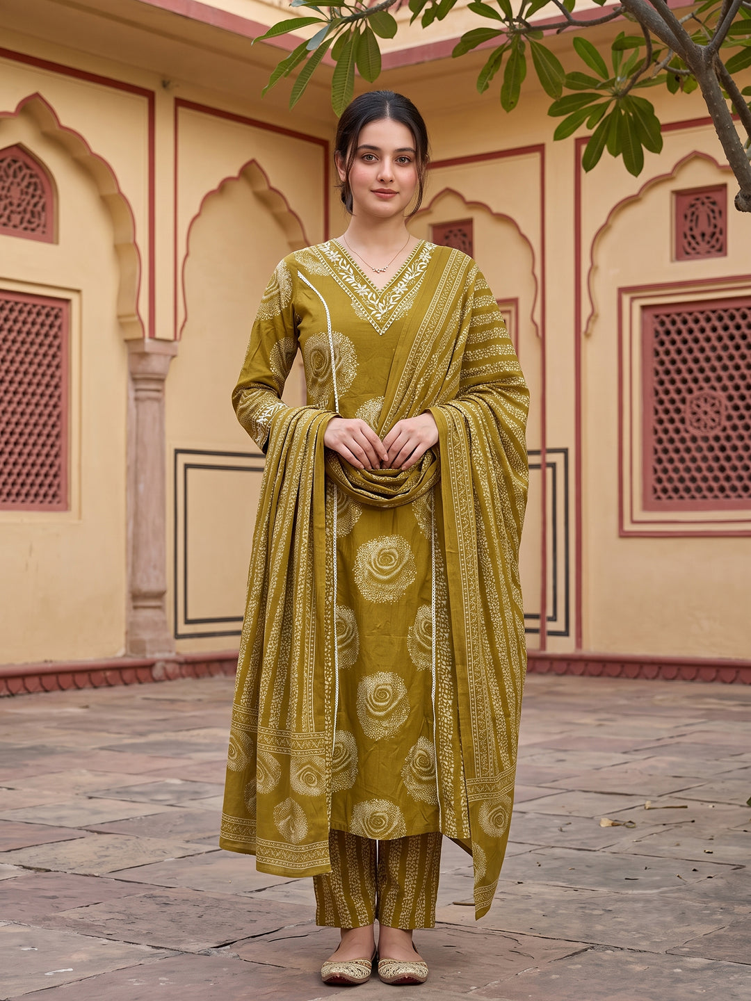 Olive Green Pure Cotton A-line PRIENCESS CUT Kurta Set