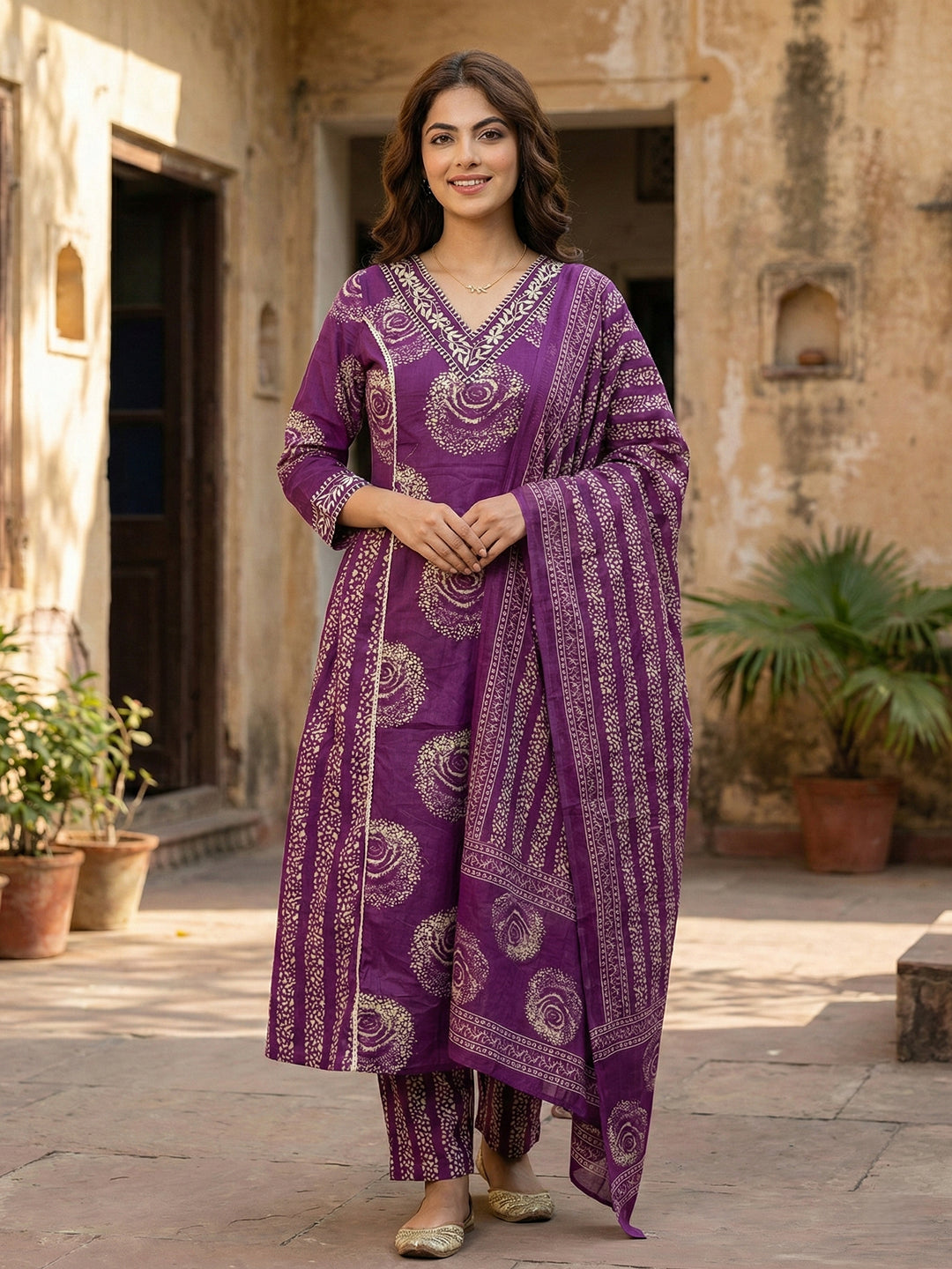 Jaitpuriya Purple Pure Cotton A-line PRIENCESS cUT Kurta Set