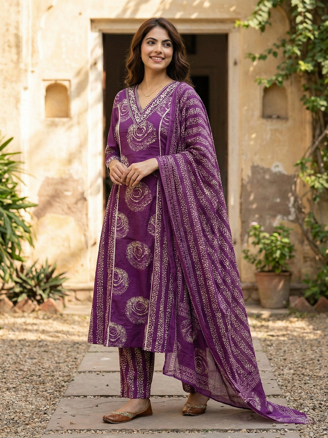 Jaitpuriya Purple Pure Cotton A-line PRIENCESS cUT Kurta Set
