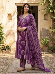 Jaitpuriya Purple Pure Cotton A-line PRIENCESS cUT Kurta Set