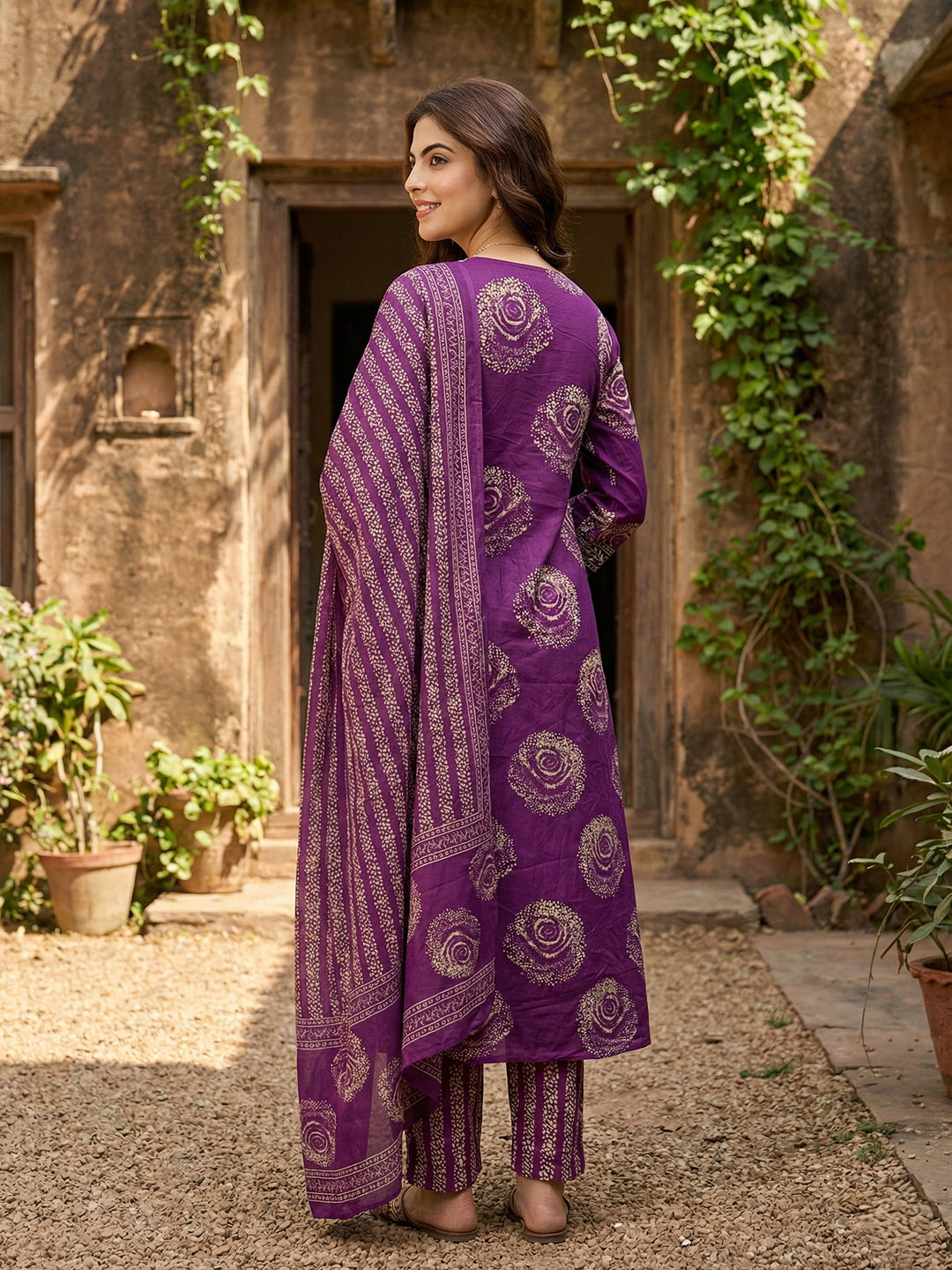 Jaitpuriya Purple Pure Cotton A-line PRIENCESS cUT Kurta Set