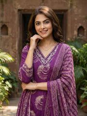 Jaitpuriya Purple Pure Cotton A-line PRIENCESS cUT Kurta Set
