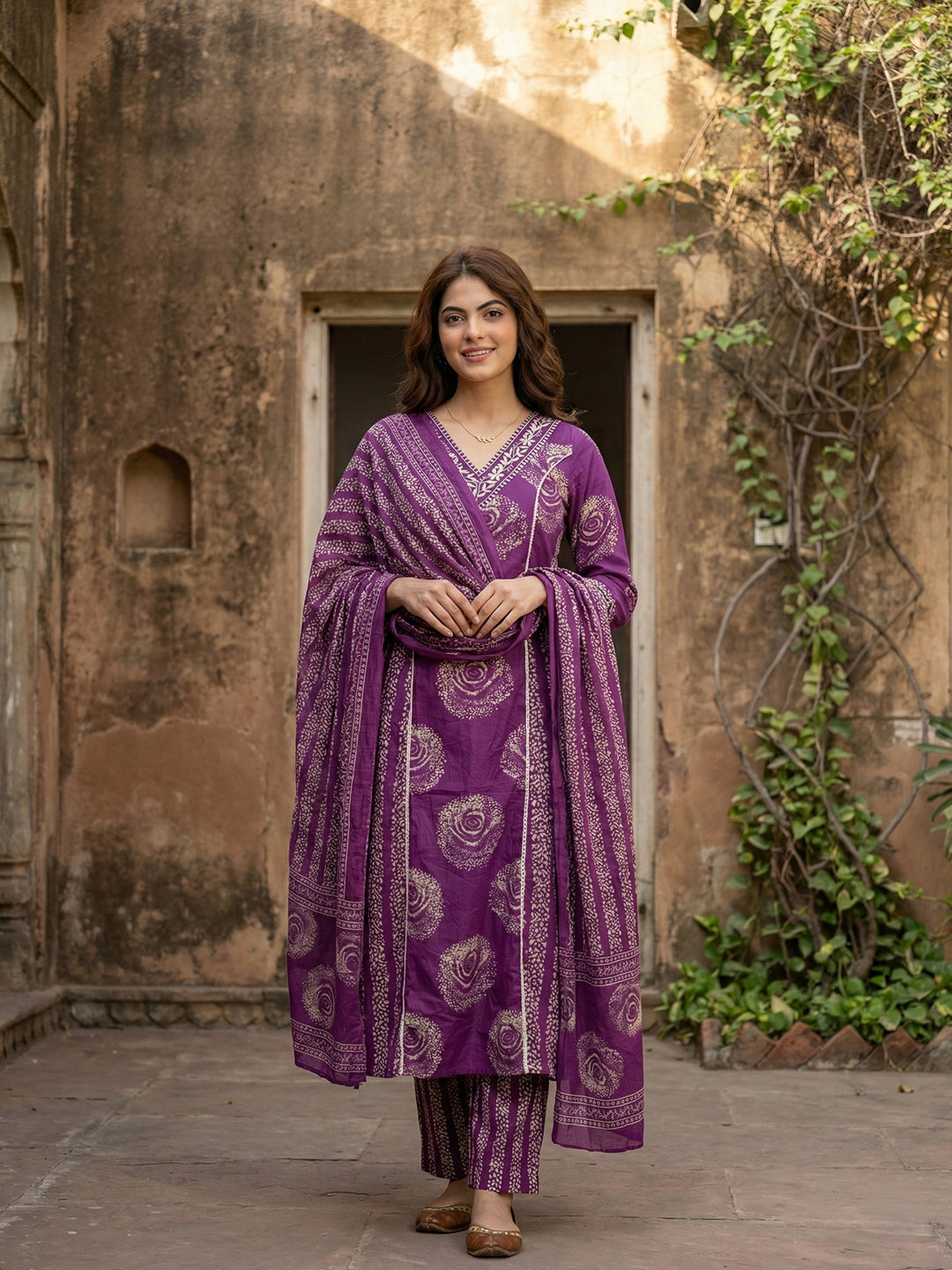 Jaitpuriya Purple Pure Cotton A-line PRIENCESS cUT Kurta Set