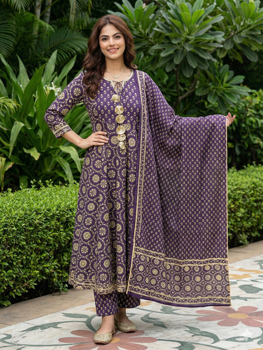 Jaitpuriya Purple And Cream Pure Cotton Anarkali Regular Kurta Set