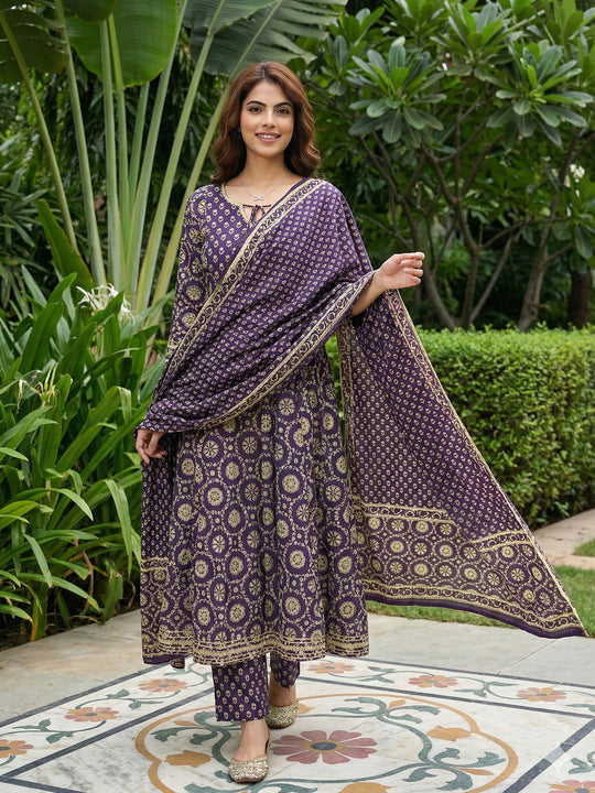 Jaitpuriya Purple And Cream Pure Cotton Anarkali Regular Kurta Set
