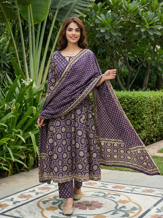 Jaitpuriya Purple And Cream Pure Cotton Anarkali Regular Kurta Set