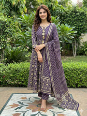 Jaitpuriya Purple And Cream Pure Cotton Anarkali Regular Kurta Set