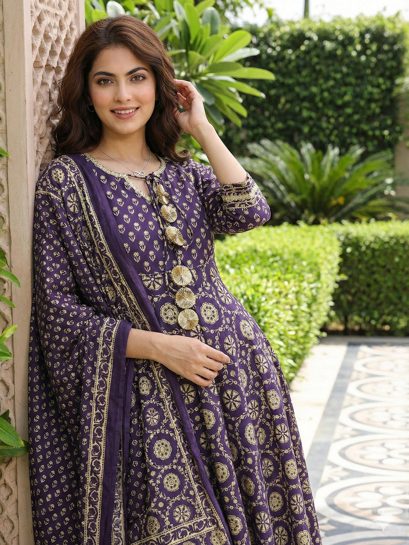Jaitpuriya Purple And Cream Pure Cotton Anarkali Regular Kurta Set