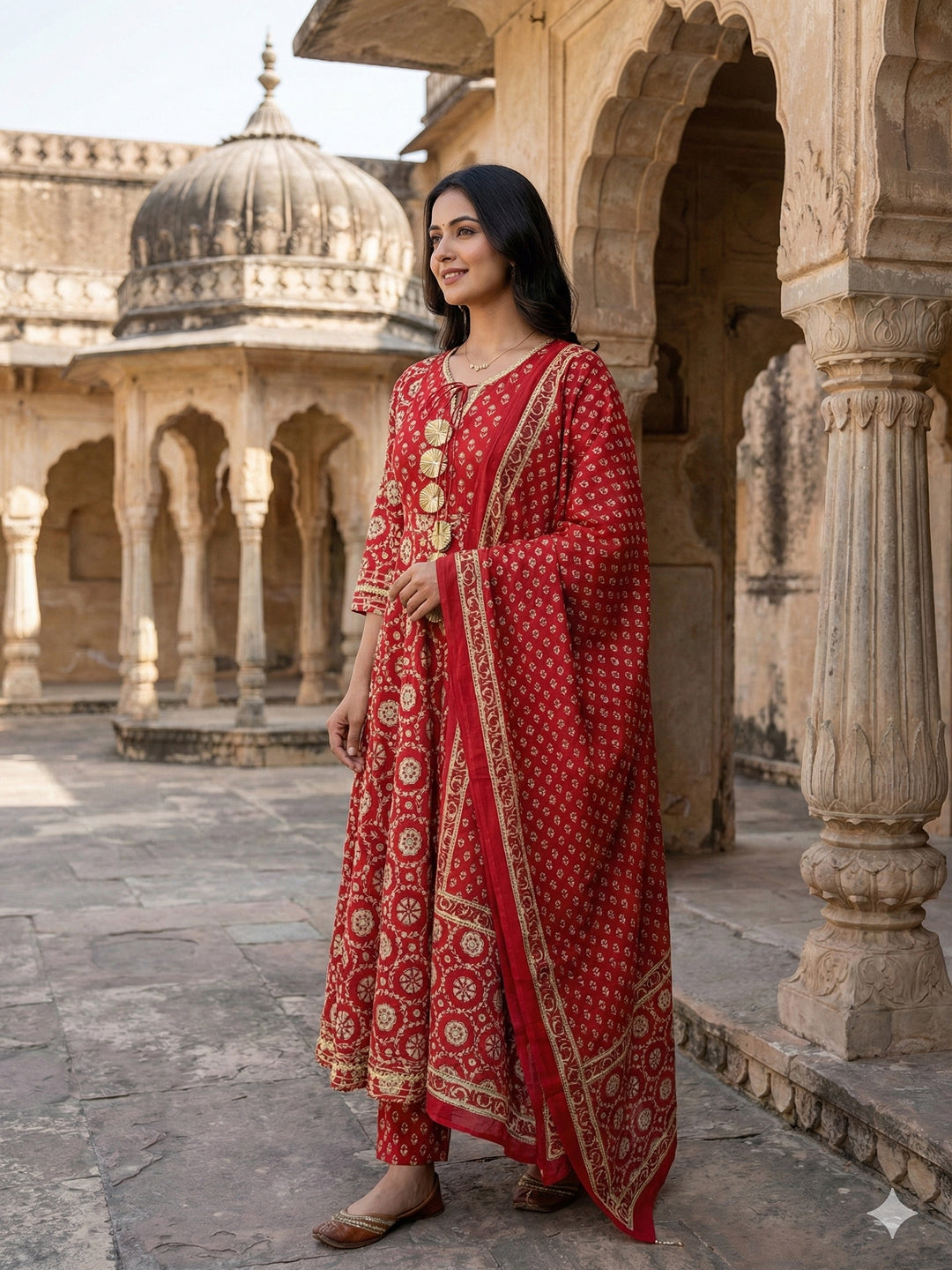 Jaitpuriya Red And Cream Pure Cotton Anarkali Regular Kurta Set
