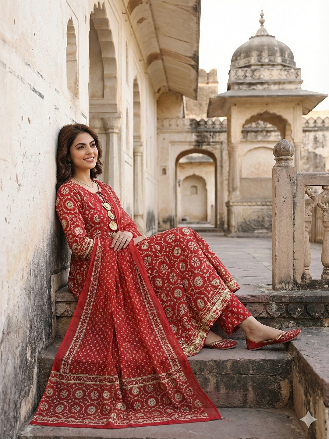 Jaitpuriya Red And Cream Pure Cotton Anarkali Regular Kurta Set