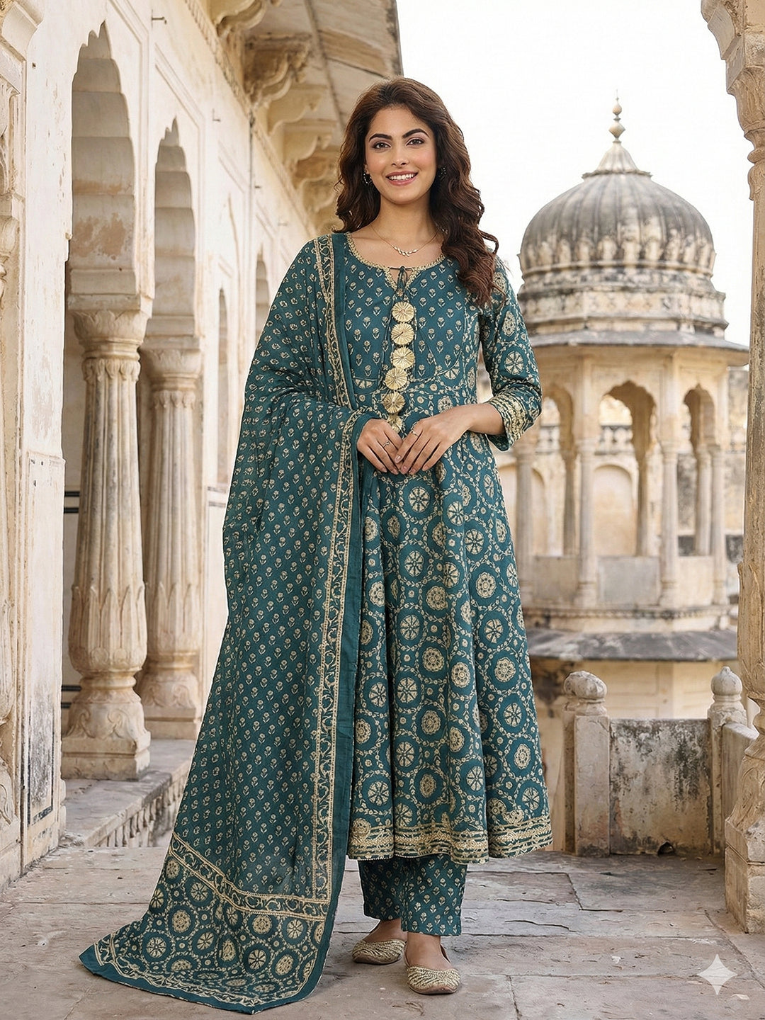Jaitpuriya Teal Blue And Cream Pure Cotton Anarkali Regular Kurta Set