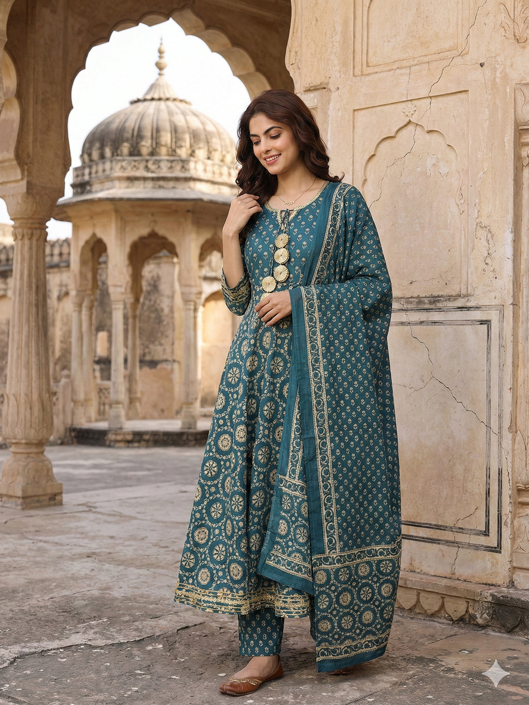 Jaitpuriya Teal Blue And Cream Pure Cotton Anarkali Regular Kurta Set