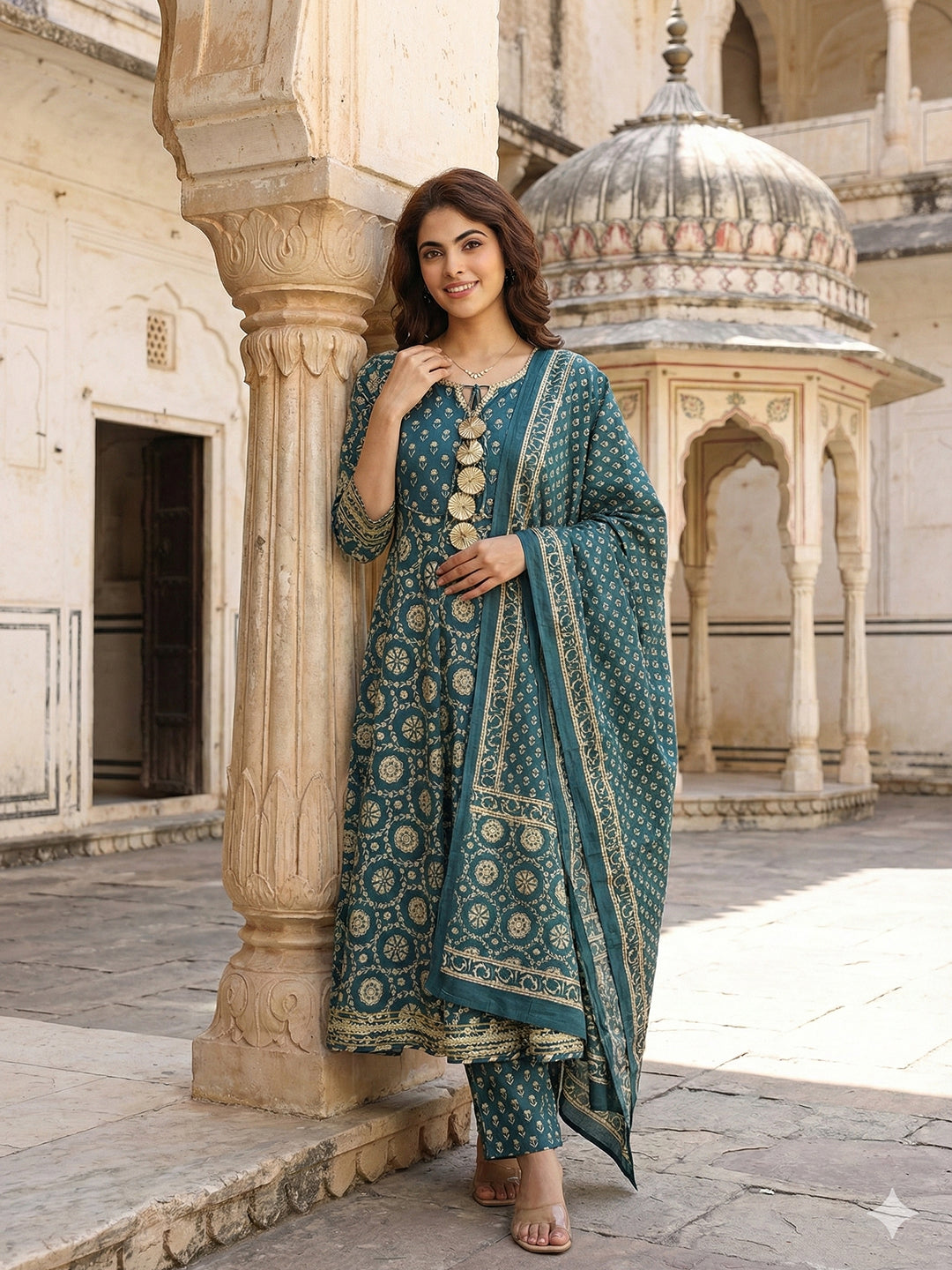 Jaitpuriya Teal Blue And Cream Pure Cotton Anarkali Regular Kurta Set