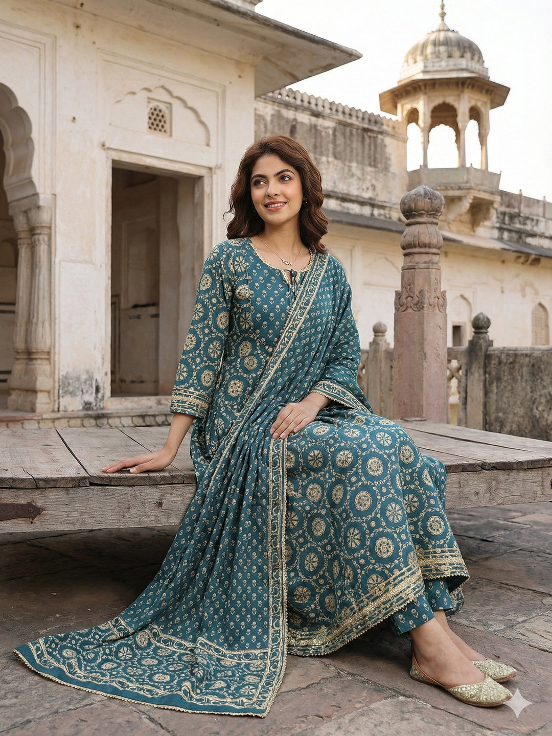 Jaitpuriya Teal Blue And Cream Pure Cotton Anarkali Regular Kurta Set