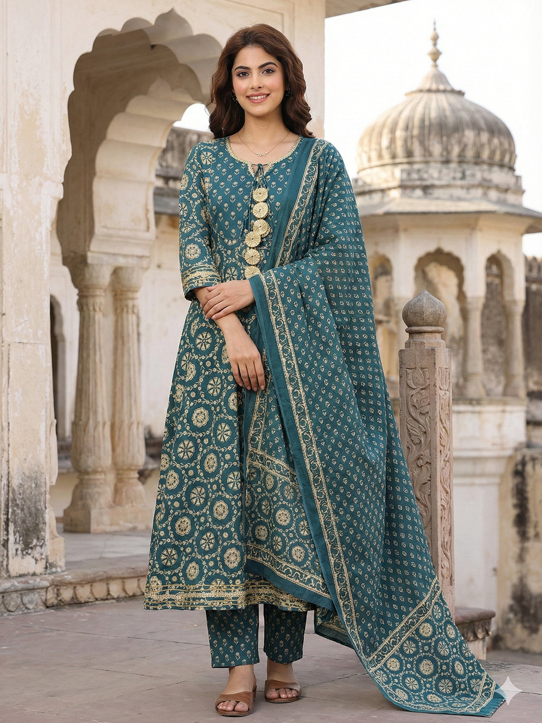 Jaitpuriya Teal Blue And Cream Pure Cotton Anarkali Regular Kurta Set