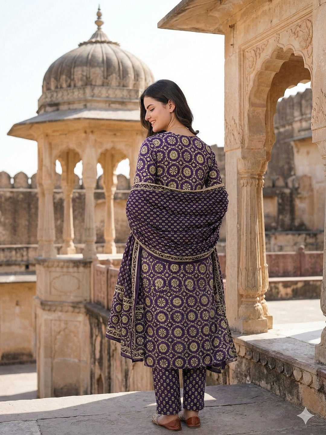 Jaitpuriya Purple And Cream Pure Cotton Straight Regular Kurta Set