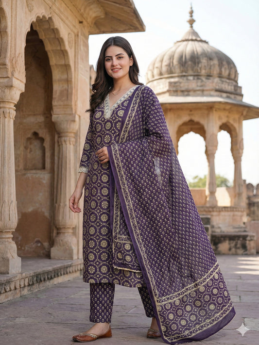 Jaitpuriya Purple And Cream Pure Cotton Straight Regular Kurta Set