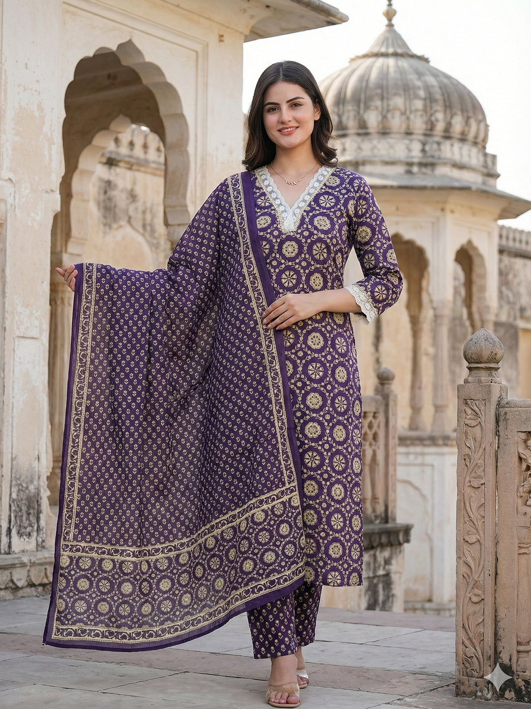 Jaitpuriya Purple And Cream Pure Cotton Straight Regular Kurta Set