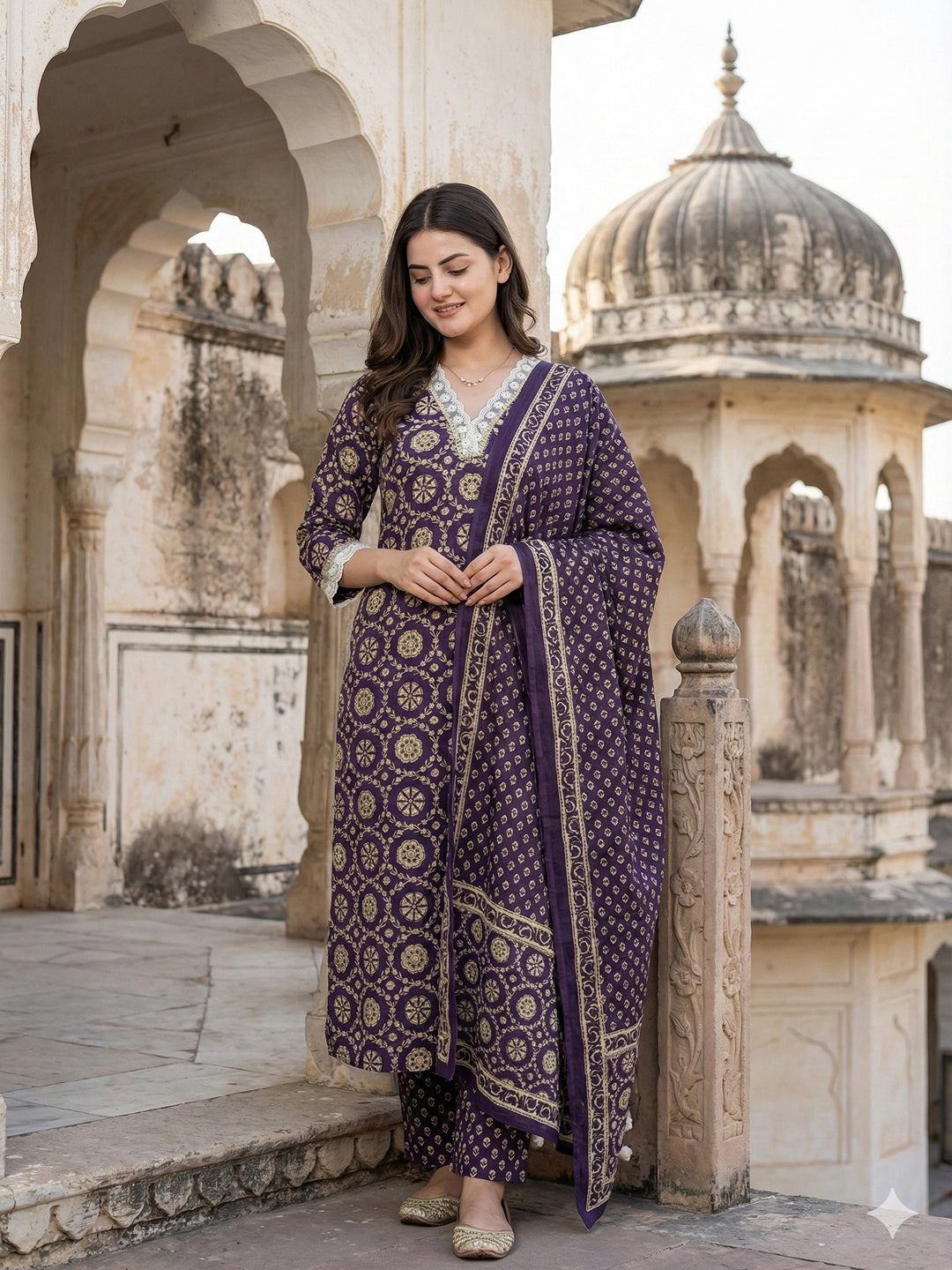 Jaitpuriya Purple And Cream Pure Cotton Straight Regular Kurta Set