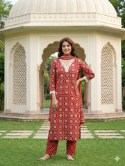 Jaitpuriya Red And Cream Pure Cotton Straight Regular Kurta Set